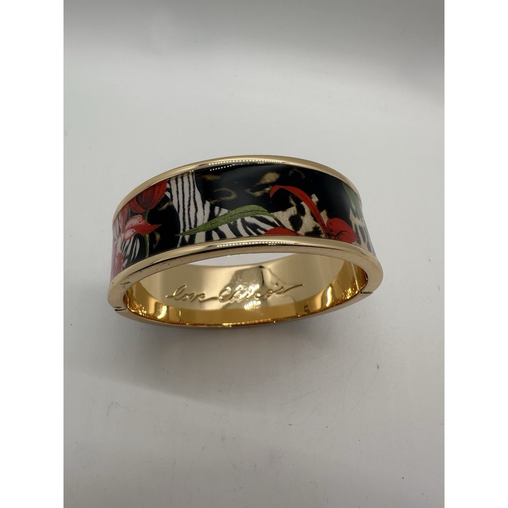 Chico's Love Gold Tone‎ Wide Hinged Bangle Bracelet Animal Floral Print Enamel
